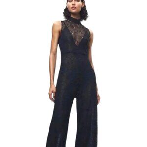Zara Sleeveless Wide-Legged Jumpsuit Sheer Lace Overlay Tie Neck - Black - L